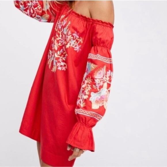 Free People Fleur Du Jour Embroidered Floral Dress in Red - Picture 2 of 7